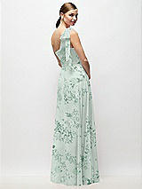 Rear View Thumbnail - Mint Green Floral Draped One-Shoulder Maxi Dress with Scarf Bow