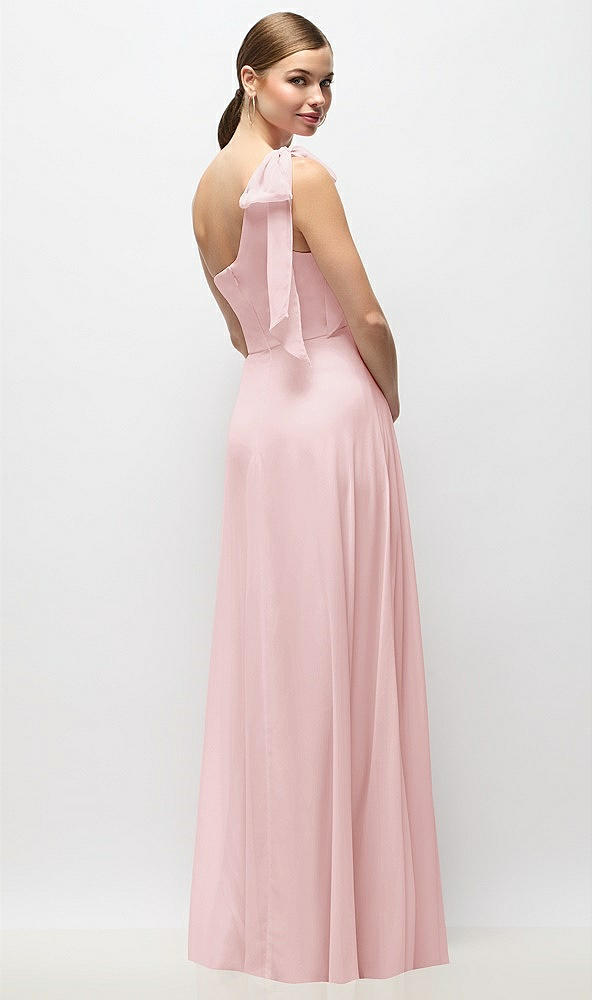 Back View - Ballet Pink Draped One-Shoulder Maxi Dress with Scarf Bow