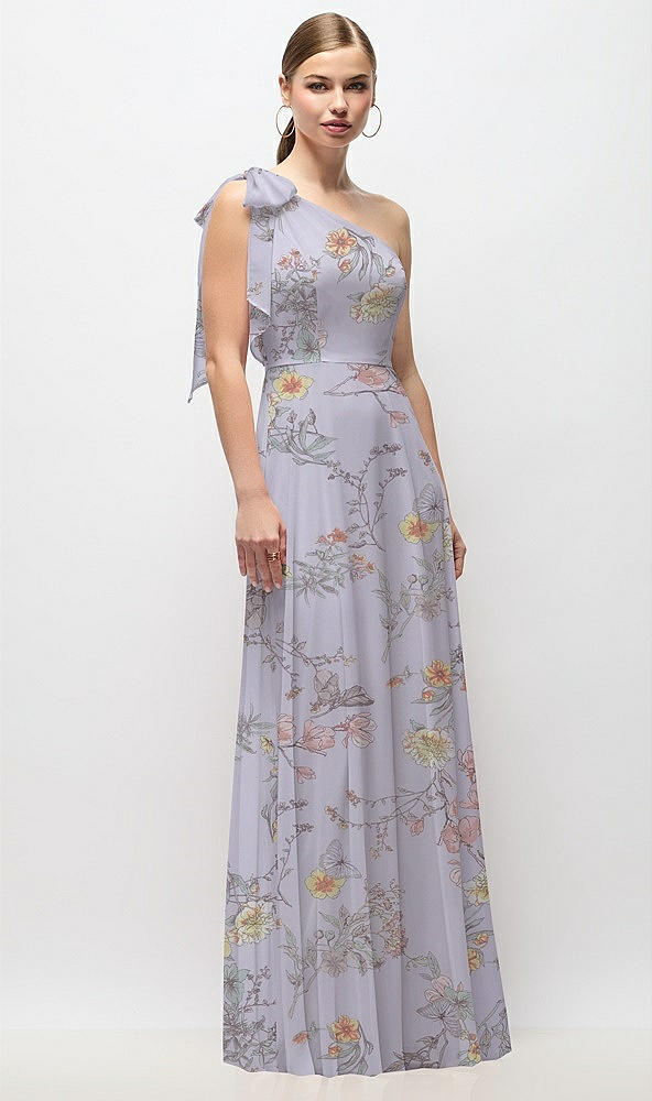 Front View - Butterfly Botanica Silver Dove Draped One-Shoulder Maxi Dress with Scarf Bow