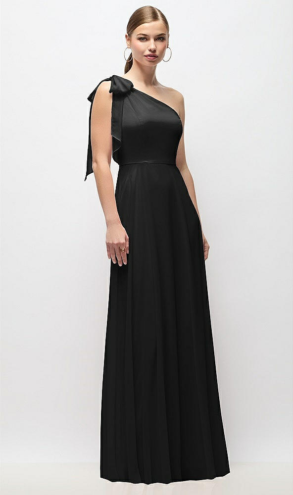 Front View - Black Draped One-Shoulder Maxi Dress with Scarf Bow