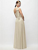 Rear View Thumbnail - Champagne Draped One-Shoulder Maxi Dress with Scarf Bow