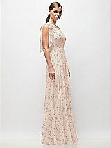 Side View Thumbnail - Coquette Floral Print Draped One-Shoulder Maxi Dress with Scarf Bow