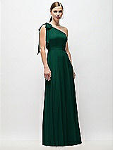 Front View Thumbnail - Hunter Green Draped One-Shoulder Maxi Dress with Scarf Bow