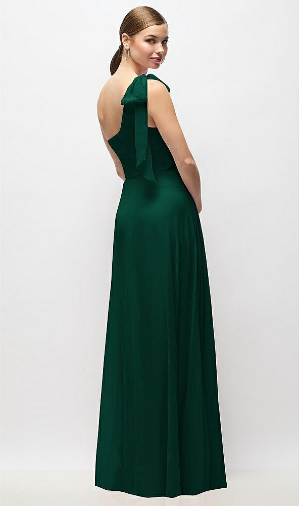 Back View - Hunter Green Draped One-Shoulder Maxi Dress with Scarf Bow