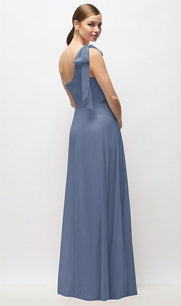 Back View - Larkspur Blue Draped One-Shoulder Maxi Dress with Scarf Bow