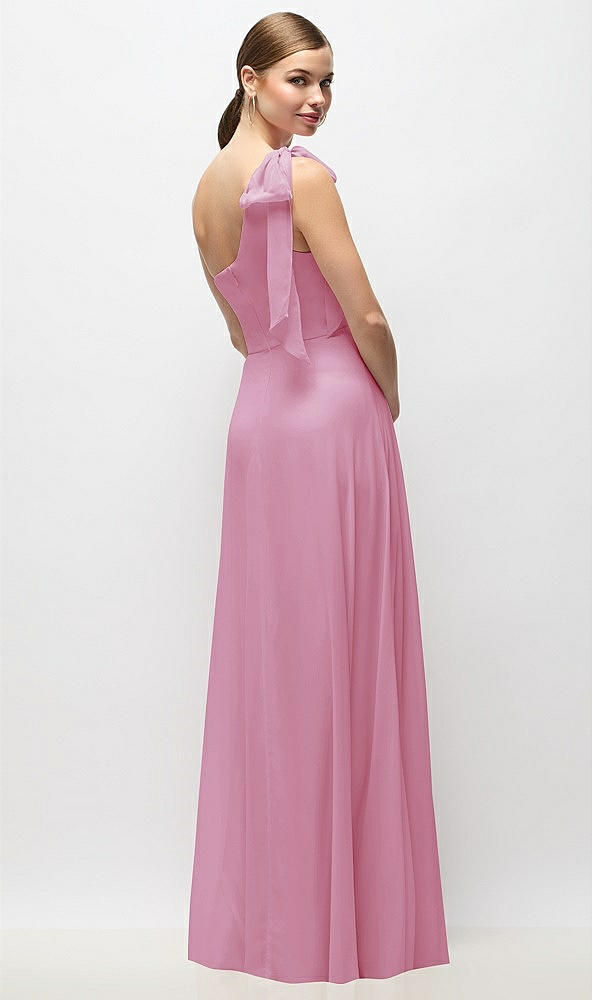 Back View - Powder Pink Draped One-Shoulder Maxi Dress with Scarf Bow
