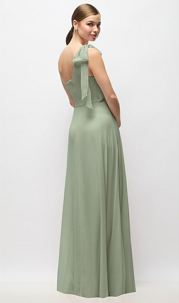 Back View - Sage Draped One-Shoulder Maxi Dress with Scarf Bow