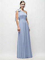 Front View Thumbnail - Sky Blue Draped One-Shoulder Maxi Dress with Scarf Bow