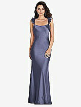 Rear View Thumbnail - French Blue Ruffle Trimmed Open-Back Maxi Slip Dress