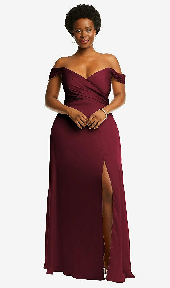 Front View - Cabernet Off-the-Shoulder Flounce Sleeve Empire Waist Gown with Front Slit