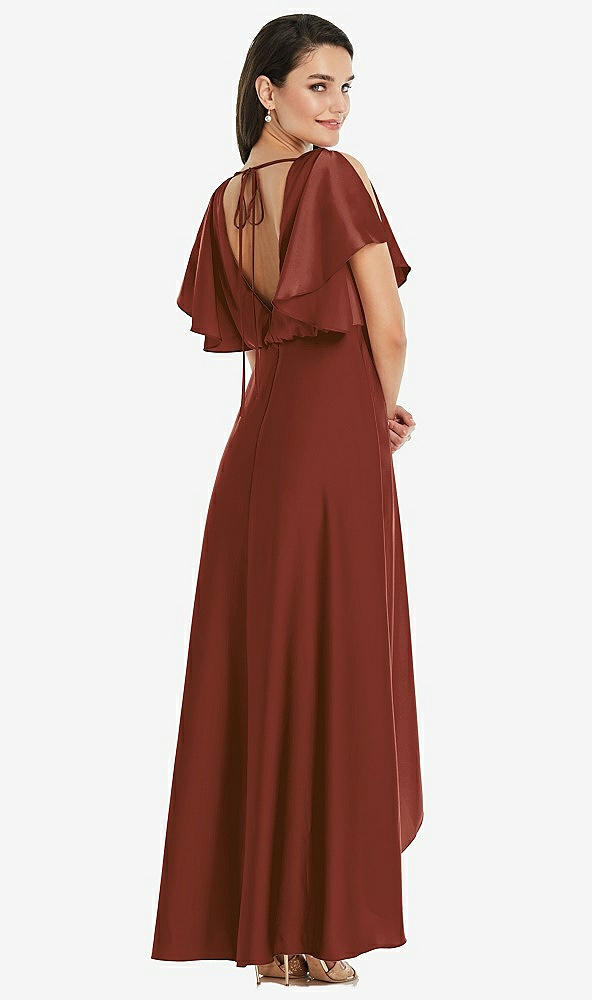 Back View - Auburn Moon Blouson Bodice Deep V-Back High Low Dress with Flutter Sleeves