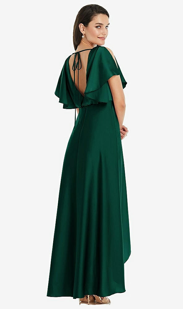 Back View - Hunter Green Blouson Bodice Deep V-Back High Low Dress with Flutter Sleeves