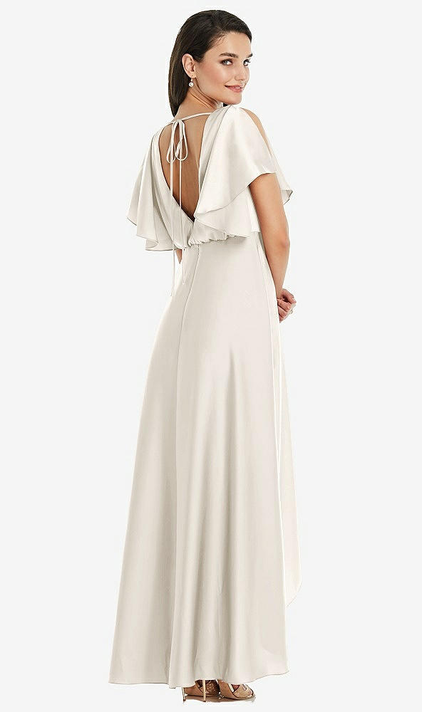 Back View - Ivory Blouson Bodice Deep V-Back High Low Dress with Flutter Sleeves