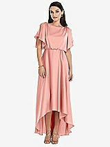 Front View Thumbnail - Rose Blouson Bodice Deep V-Back High Low Dress with Flutter Sleeves