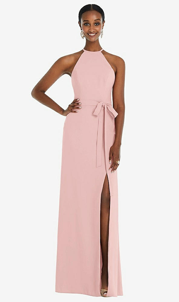 Back View - Rose Halter Criss Cross Cutout Back Maxi Dress