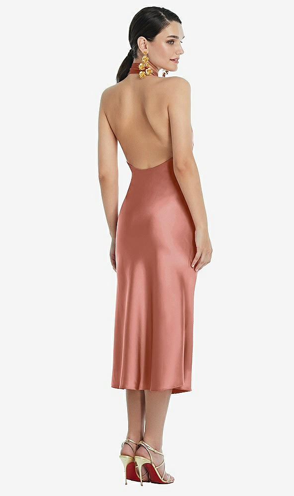 Back View - Desert Rose Scarf Tie Stand Collar Midi Bias Dress with Front Slit