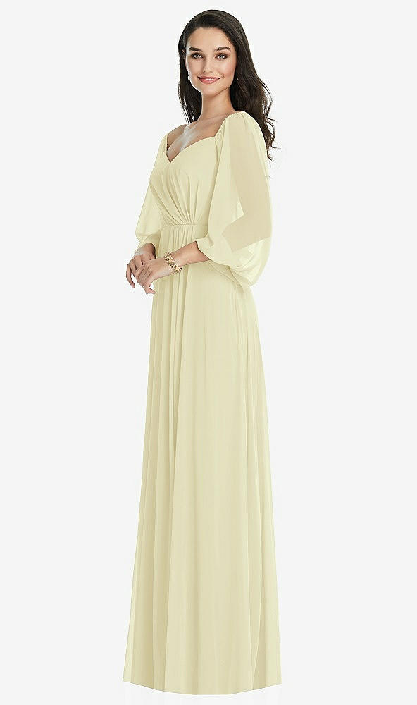 Front View - Butter Yellow Off-the-Shoulder Puff Sleeve Maxi Dress with Front Slit