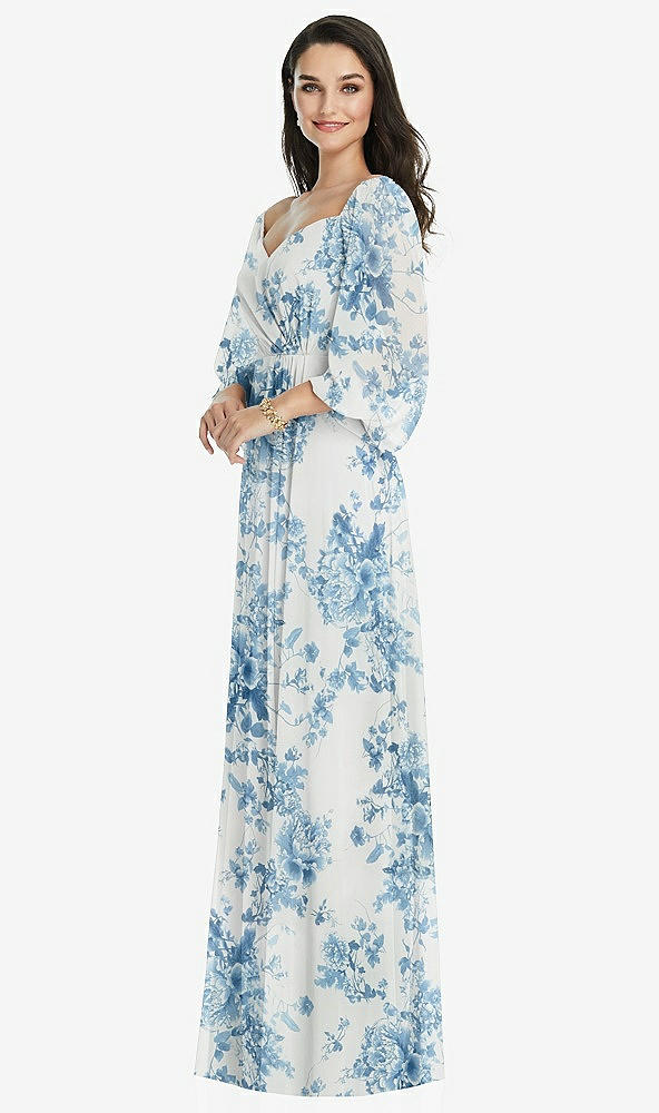 Front View - Cottage Rose Dusk Blue Off-the-Shoulder Puff Sleeve Maxi Dress with Front Slit
