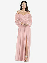 Side View Thumbnail - Rose Off-the-Shoulder Puff Sleeve Maxi Dress with Front Slit