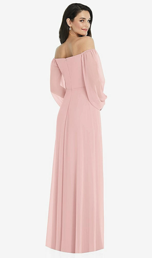 Back View - Rose Off-the-Shoulder Puff Sleeve Maxi Dress with Front Slit