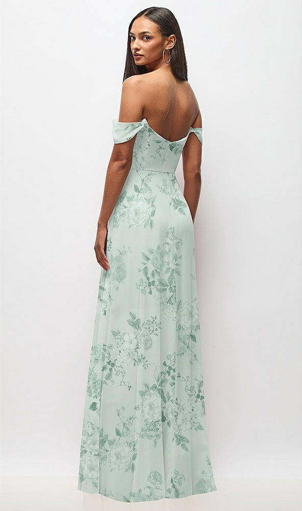Back View - Mint Green Floral Off-the-Shoulder Basque Neck Maxi Dress with Flounce Sleeves