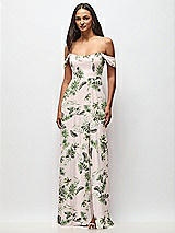 Front View Thumbnail - Palm Beach Print Off-the-Shoulder Basque Neck Maxi Dress with Flounce Sleeves