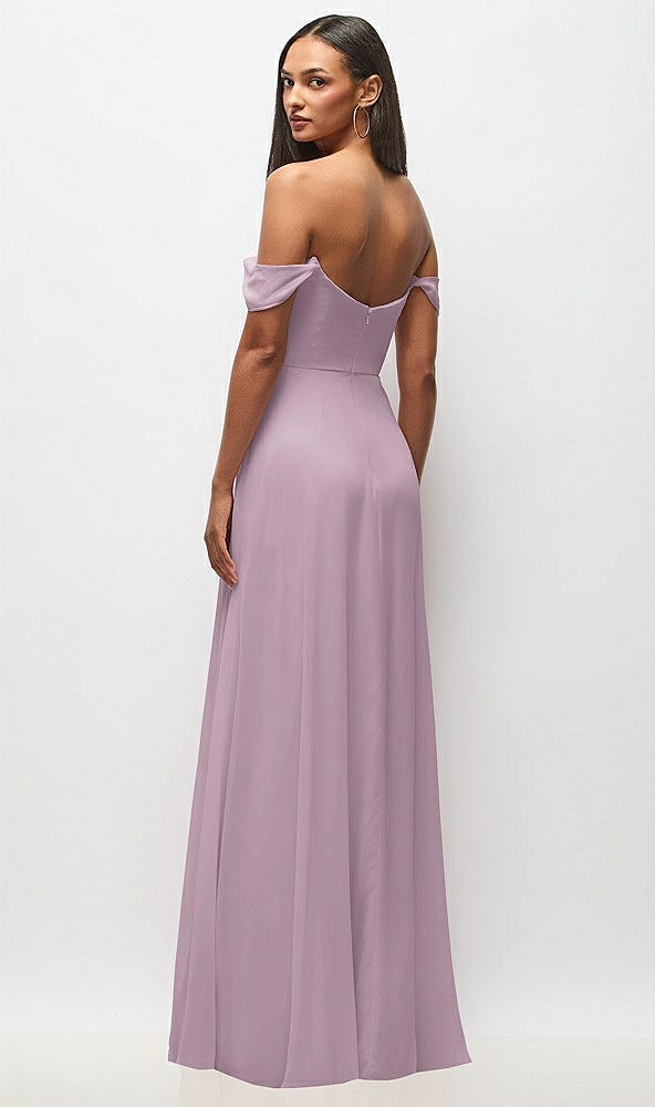 Back View - Suede Rose Off-the-Shoulder Basque Neck Maxi Dress with Flounce Sleeves