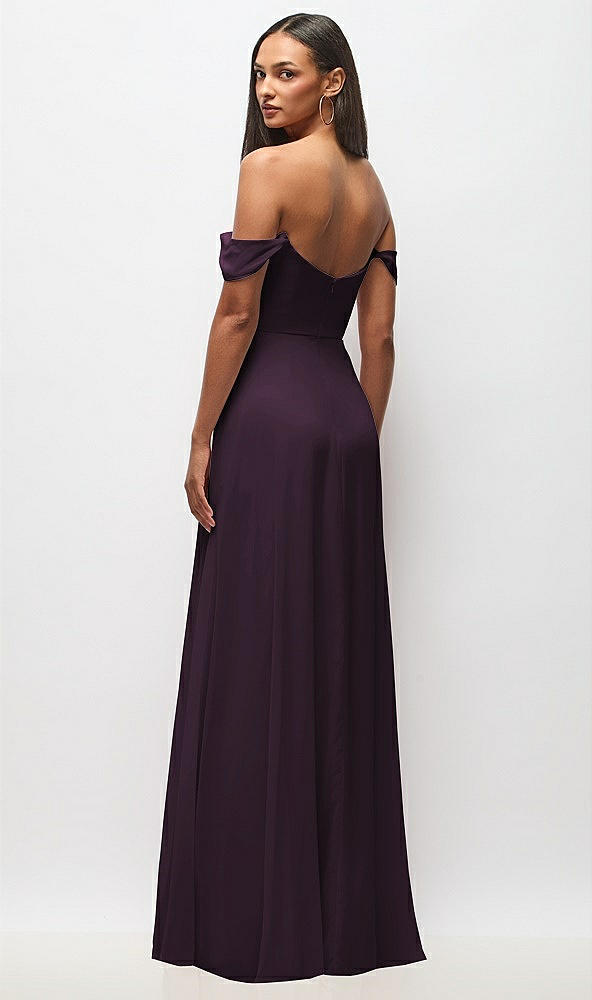 Back View - Aubergine Off-the-Shoulder Basque Neck Maxi Dress with Flounce Sleeves
