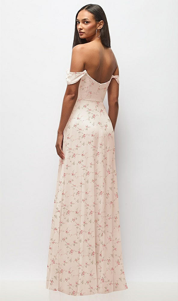 Back View - Coquette Floral Print Off-the-Shoulder Basque Neck Maxi Dress with Flounce Sleeves