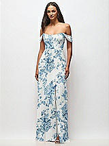 Front View Thumbnail - Cottage Rose Dusk Blue Off-the-Shoulder Basque Neck Maxi Dress with Flounce Sleeves
