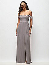 Front View Thumbnail - Cashmere Gray Off-the-Shoulder Basque Neck Maxi Dress with Flounce Sleeves