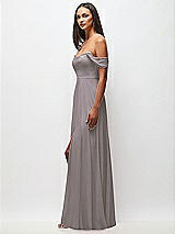 Side View Thumbnail - Cashmere Gray Off-the-Shoulder Basque Neck Maxi Dress with Flounce Sleeves
