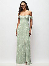 Front View Thumbnail - Vintage Primrose Sage Off-the-Shoulder Basque Neck Maxi Dress with Flounce Sleeves
