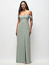 Front View Thumbnail - Willow Green Off-the-Shoulder Basque Neck Maxi Dress with Flounce Sleeves