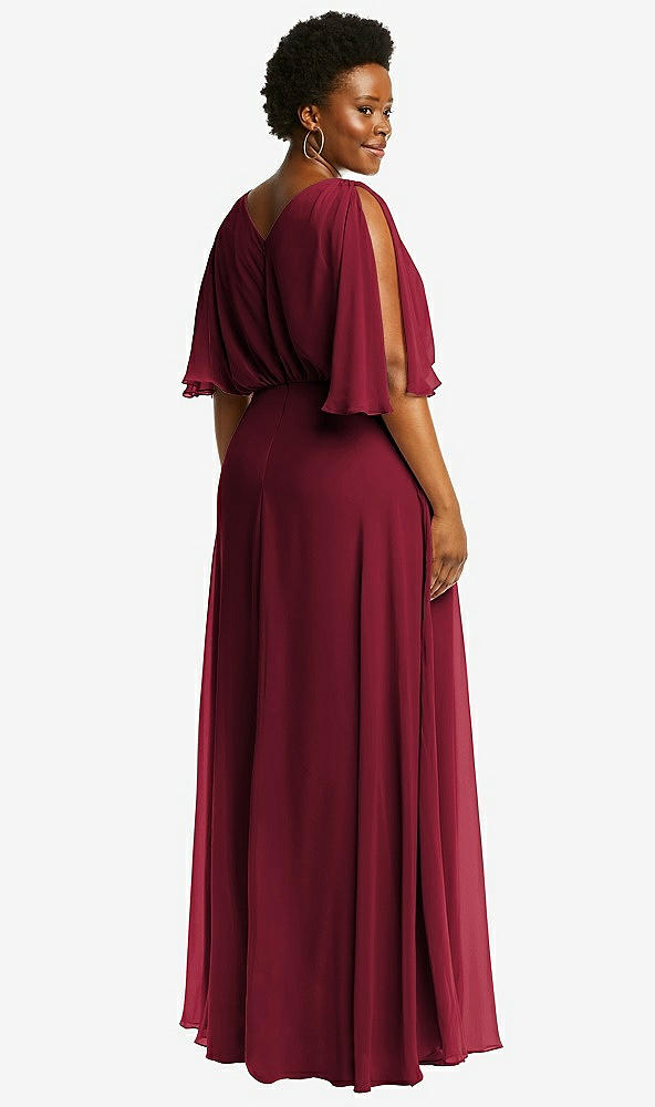 Back View - Burgundy V-Neck Split Sleeve Blouson Bodice Maxi Dress