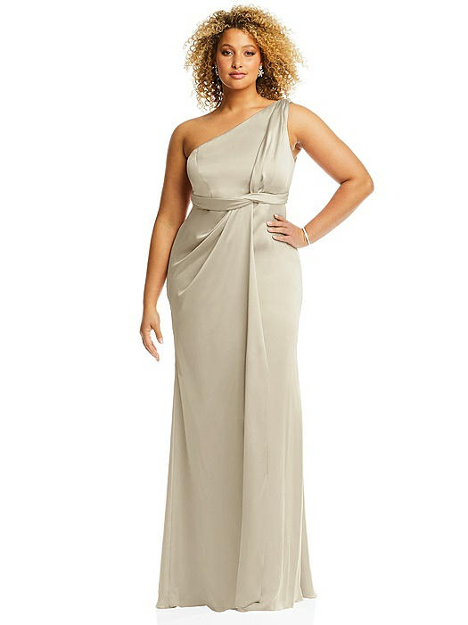 One-Shoulder Draped Twist Empire Waist Trumpet Gown