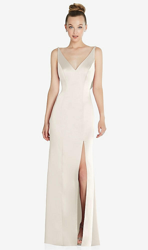 Back View - Ivory Draped Cowl-Back Princess Line Dress with Front Slit