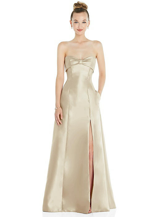 Bow Cuff Strapless Satin Ball Gown with Pockets