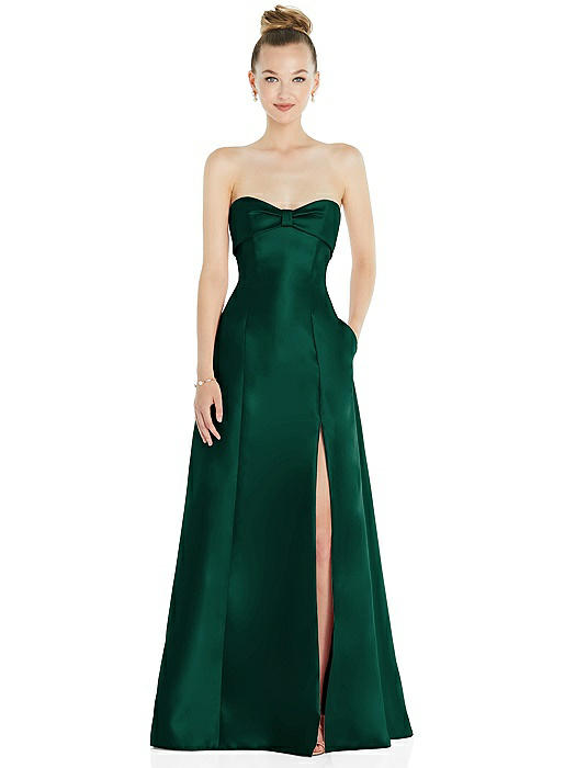 Bow Cuff Strapless Satin Ball Gown with Pockets