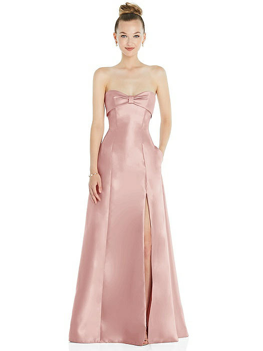 Bow Cuff Strapless Satin Ball Gown with Pockets