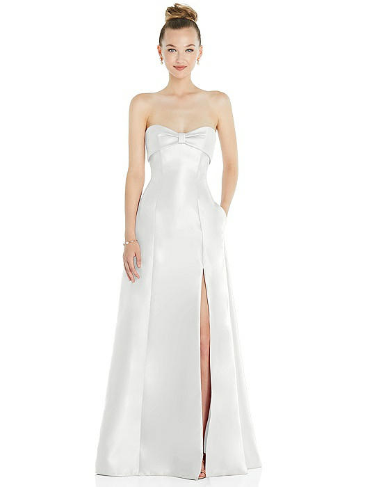 Bow Cuff Strapless Satin Ball Gown with Pockets
