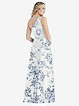 Rear View Thumbnail - Cottage Rose Larkspur Pleated Draped One-Shoulder Floral Satin Gown with Pockets