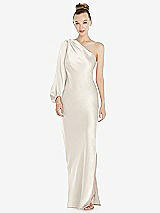 Front View Thumbnail - Ivory One-Shoulder Puff Sleeve Maxi Bias Dress with Side Slit