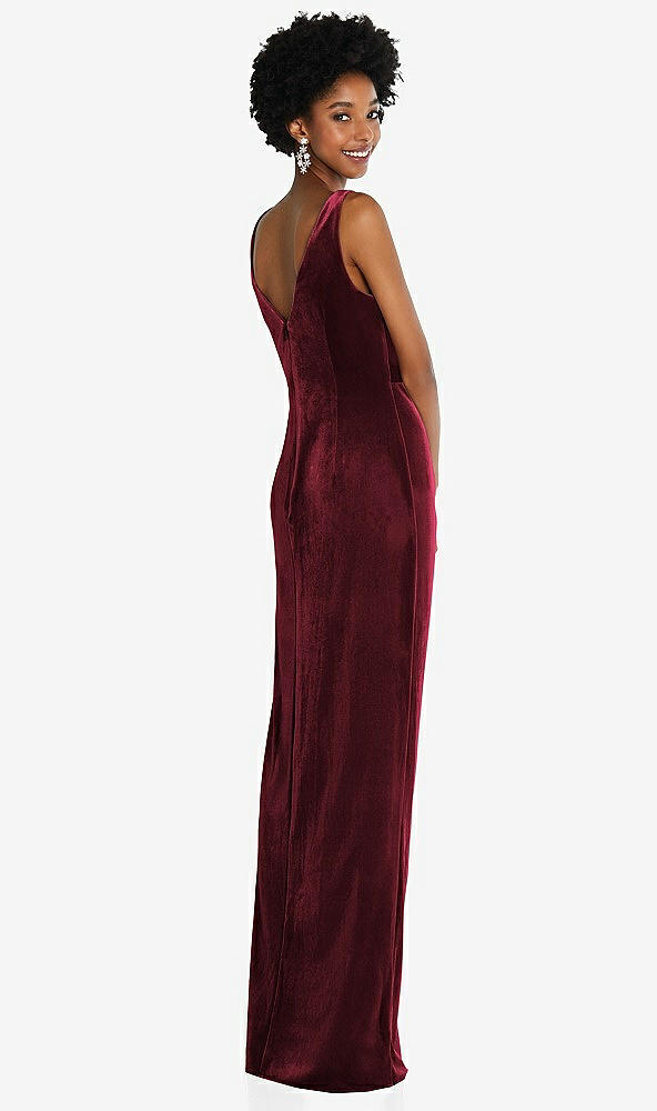 Back View - Cabernet Draped Skirt Faux Wrap Velvet Maxi Dress