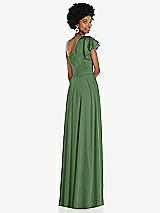 Rear View Thumbnail - Vineyard Green Draped One-Shoulder Flutter Sleeve Maxi Dress with Front Slit