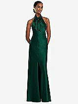 Front View Thumbnail - Hunter Green Scarf Tie Stand Collar Maxi Dress with Front Slit