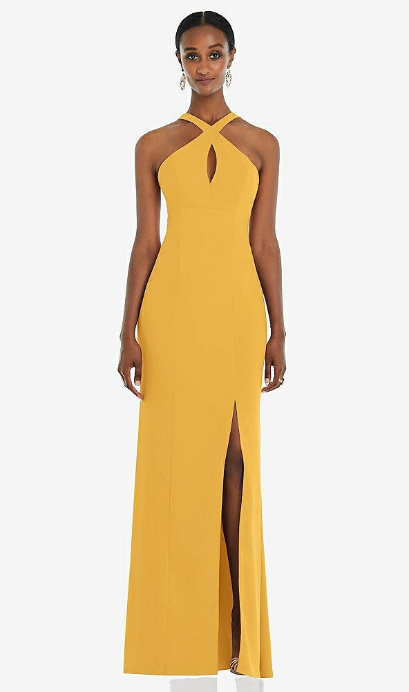 Front View - NYC Yellow Criss Cross Halter Princess Line Trumpet Gown