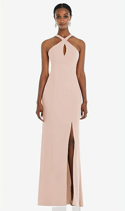 chinese dress ladies Criss-cross Chartreuse Ruched A-line Halter Sleeveless Long Prom Dress main image 1
