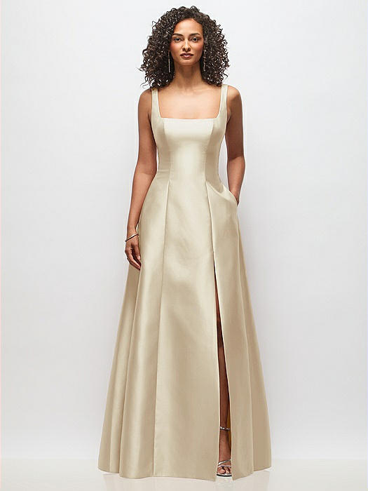 Sleeveless Square-Neck Princess Line Gown with Pockets