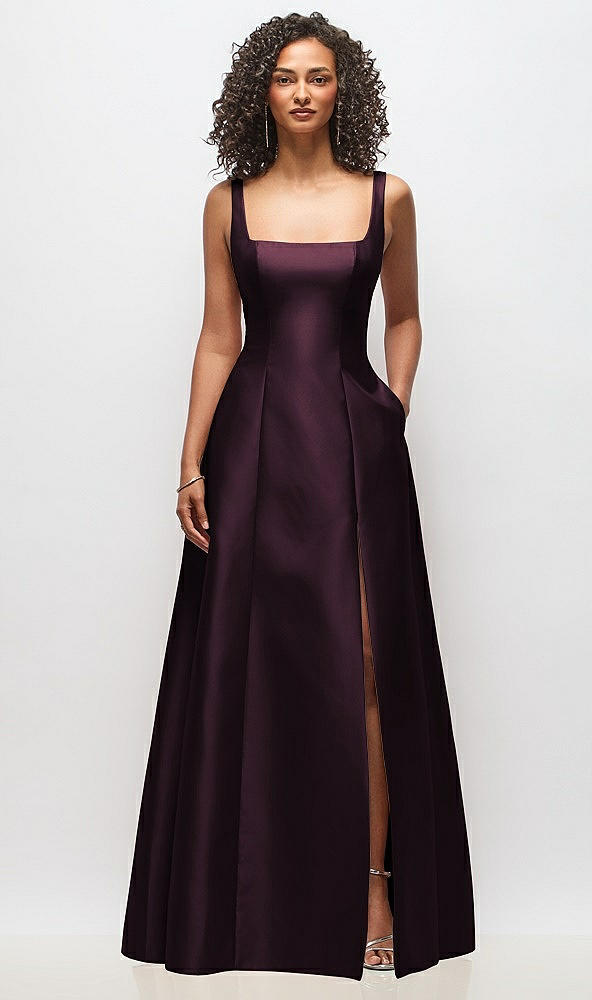 Front View - Deep Plum Sleeveless Square-Neck Princess Line Gown with Pockets